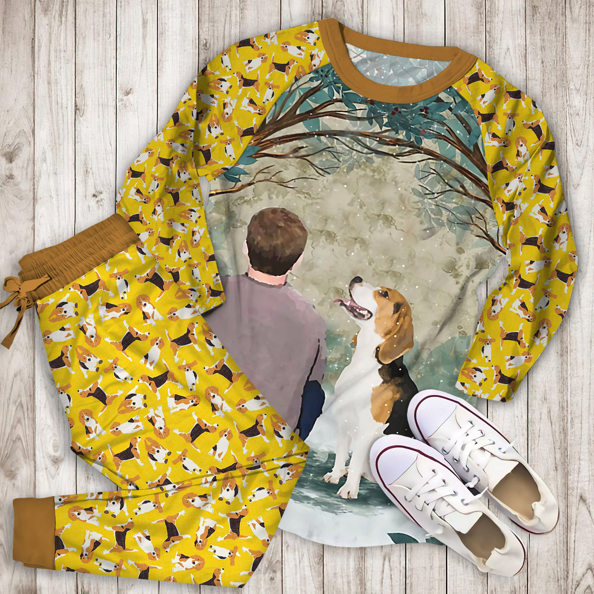 Beagle Circle Tree Pajama Set |Sleepwear Pjs Sets | Raglan Shirt Pants Set
