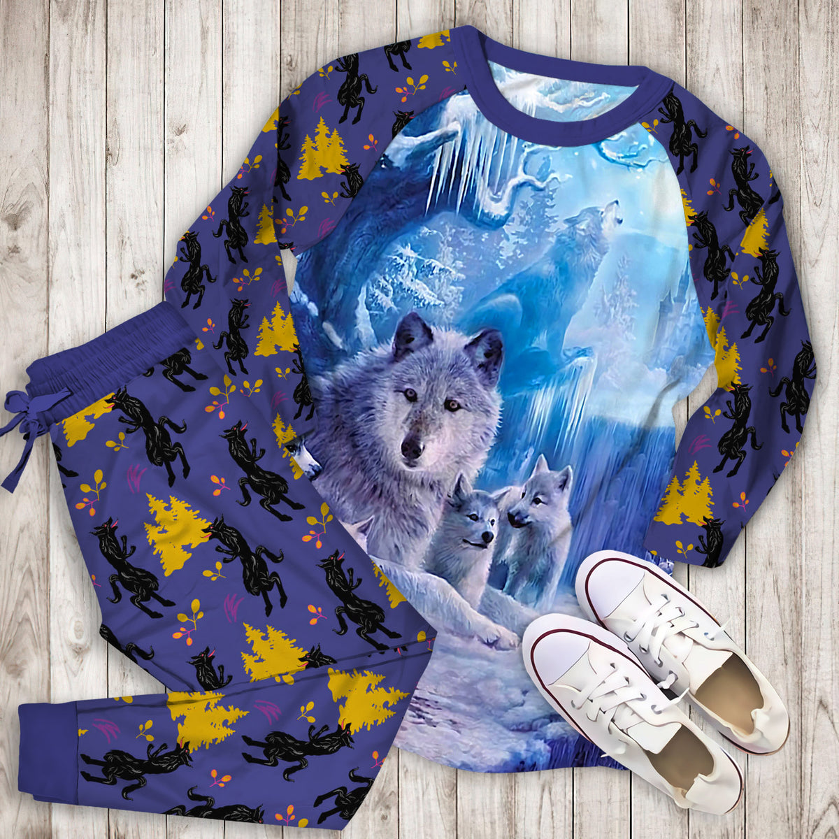 Wolf Pajama Set | Pajamas | Cotton Sleepwear Sets | Soft Long Sleeve Pjs | Raglan Shirt and Pants Set