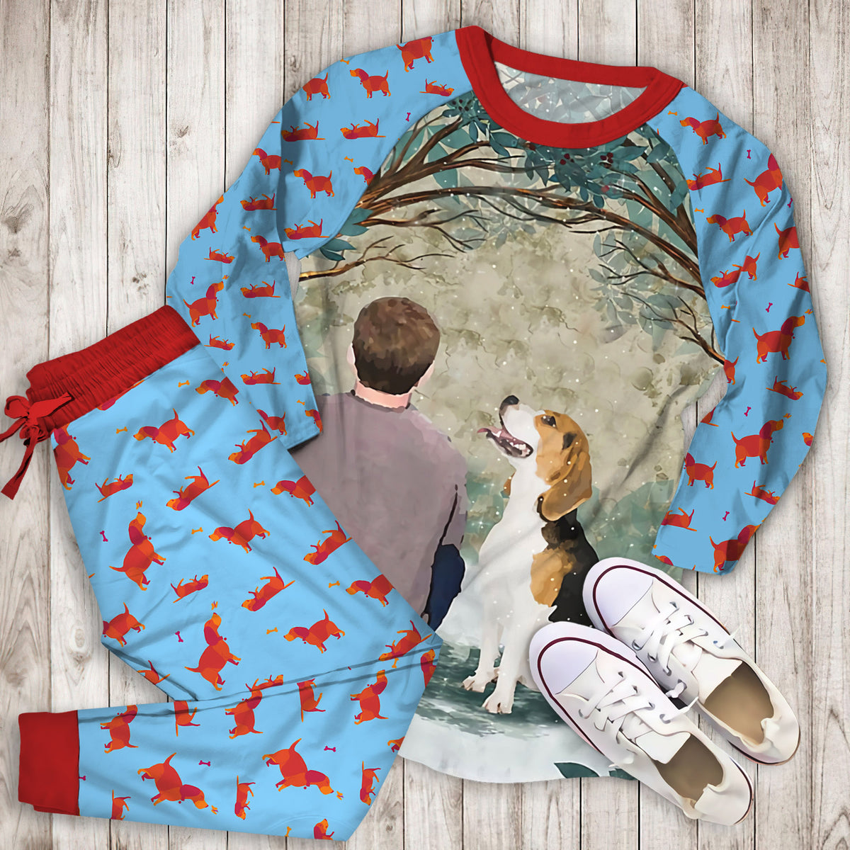Beagle Circle Tree Pajama Set |Sleepwear Pjs Sets | Raglan Shirt Pants Set