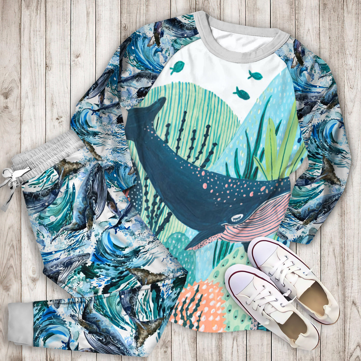 Blue Whale Pajama Set | Pajamas | Cotton Sleepwear Sets | Soft Long Sleeve Pjs | Raglan Shirt and Pants Set