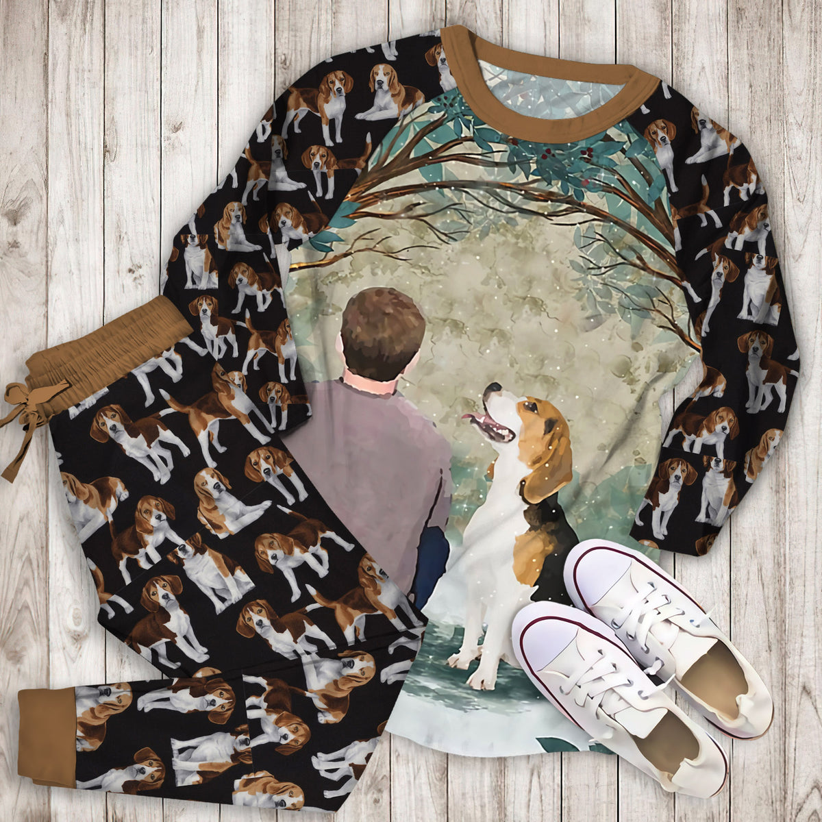 Beagle Circle Tree Pajama Set |Sleepwear Pjs Sets | Raglan Shirt Pants Set