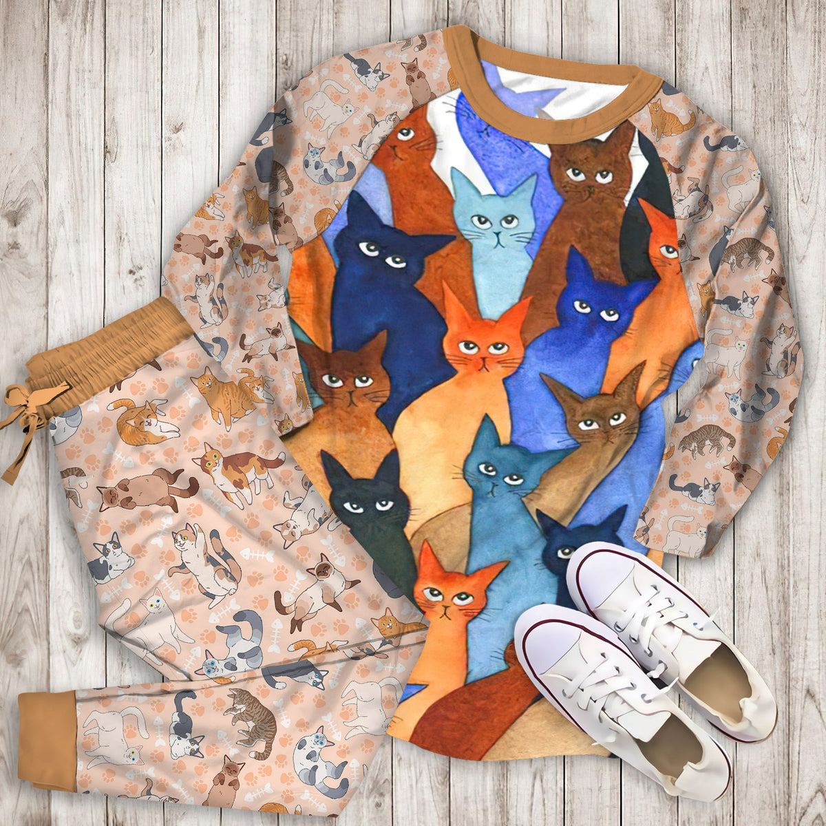 Cat Pajama Set | Pajamas | Cotton Sleepwear Sets | Soft Long Sleeve Pjs | Raglan Shirt and Pants Set