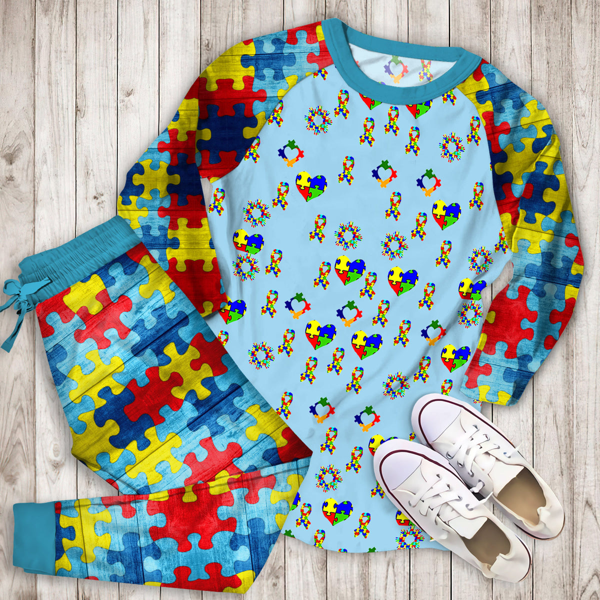 Autism Awareness On Blue Pajama Set | Pajamas | Cotton Sleepwear Sets | Soft Long Sleeve Pjs | Raglan Shirt and Pants Set