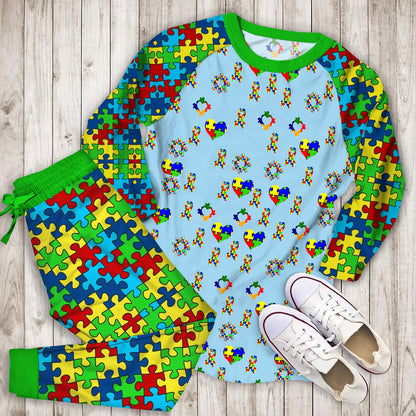 Autism Awareness On Blue Pajama Set | Pajamas | Cotton Sleepwear Sets | Soft Long Sleeve Pjs | Raglan Shirt and Pants Set