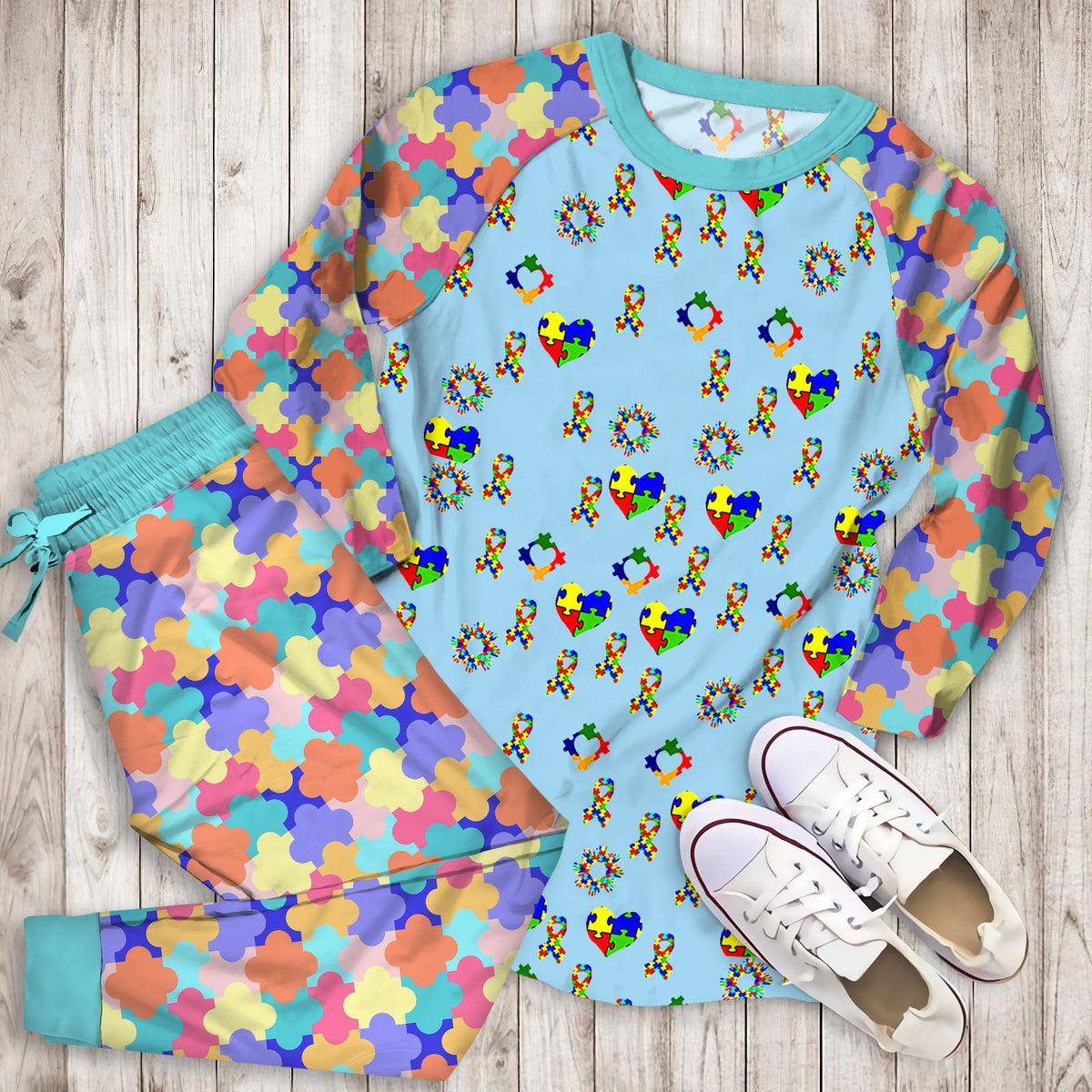 Autism Awareness On Blue Pajama Set | Pajamas | Cotton Sleepwear Sets | Soft Long Sleeve Pjs | Raglan Shirt and Pants Set
