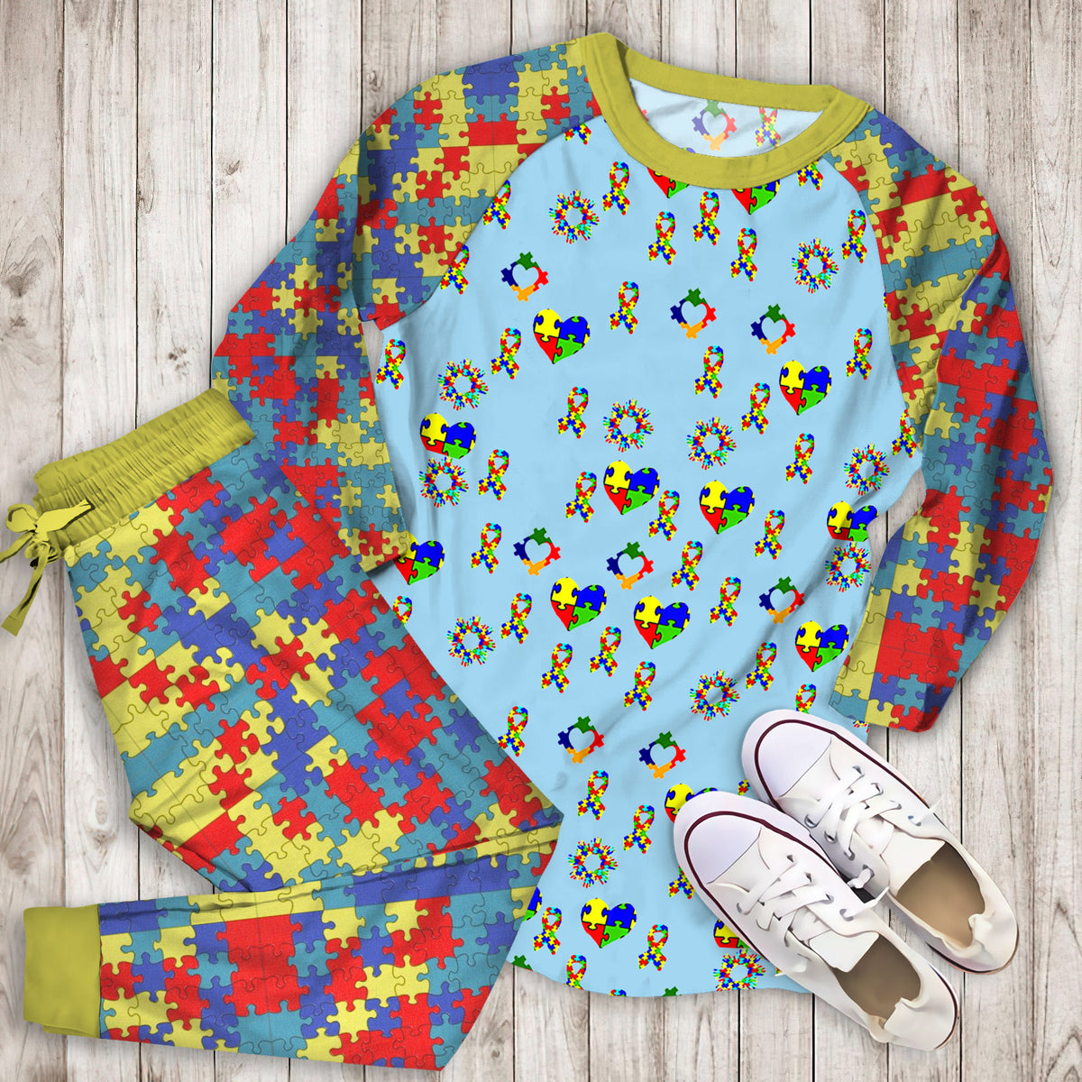 Autism Awareness On Blue Pajama Set | Pajamas | Cotton Sleepwear Sets | Soft Long Sleeve Pjs | Raglan Shirt and Pants Set