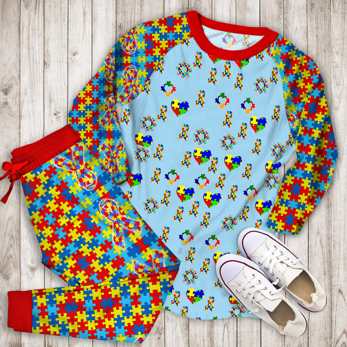Autism Awareness On Blue Pajama Set | Pajamas | Cotton Sleepwear Sets | Soft Long Sleeve Pjs | Raglan Shirt and Pants Set