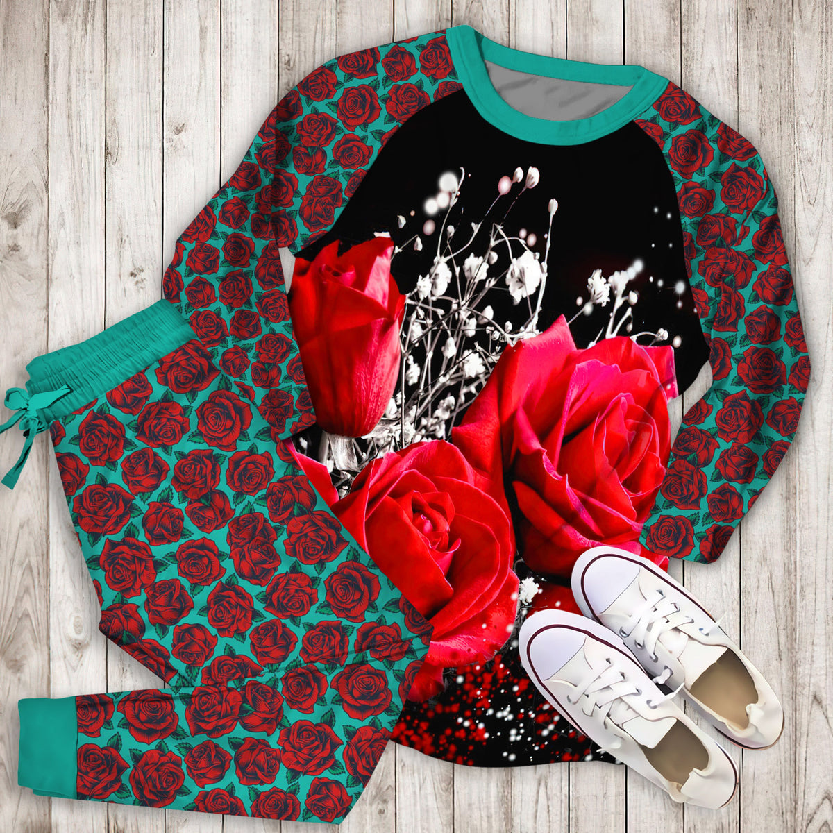Roses Pajama Set | Pajamas | Cotton Sleepwear Sets | Soft Long Sleeve Pjs | Raglan Shirt and Pants Set