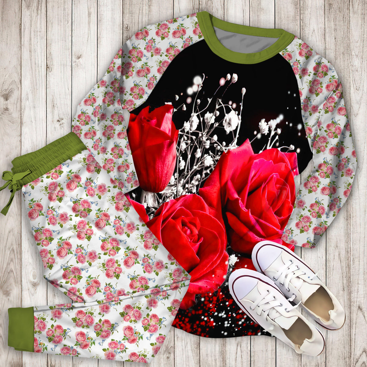 Roses Pajama Set | Pajamas | Cotton Sleepwear Sets | Soft Long Sleeve Pjs | Raglan Shirt and Pants Set
