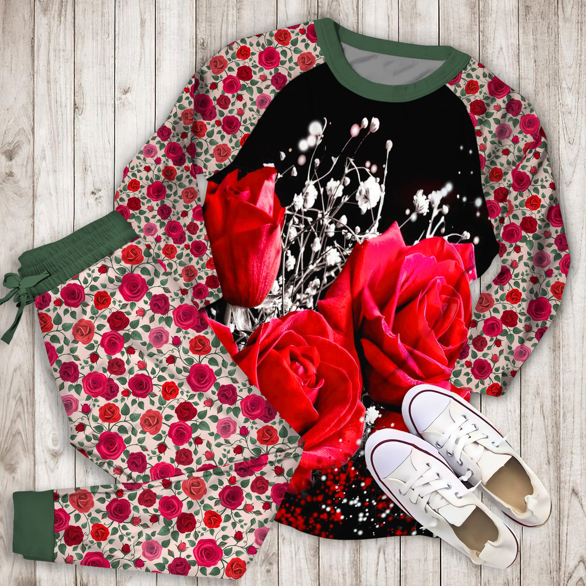 Roses Pajama Set | Pajamas | Cotton Sleepwear Sets | Soft Long Sleeve Pjs | Raglan Shirt and Pants Set