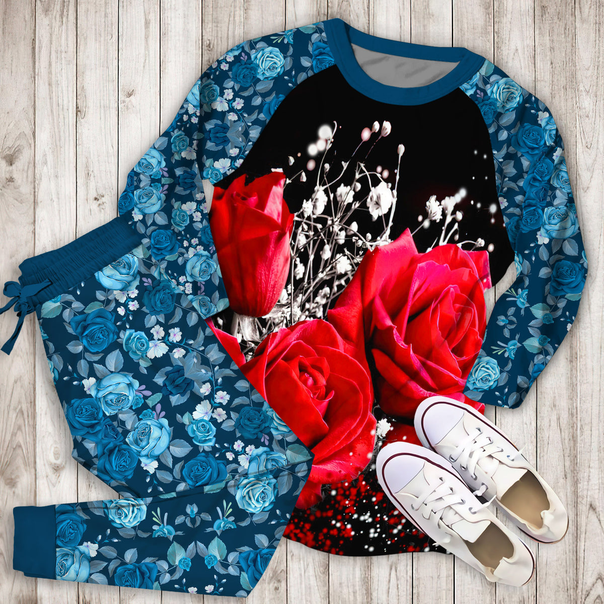 Roses Pajama Set | Pajamas | Cotton Sleepwear Sets | Soft Long Sleeve Pjs | Raglan Shirt and Pants Set