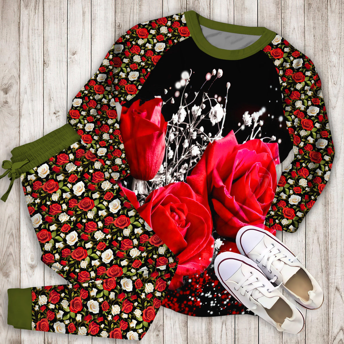 Roses Pajama Set | Pajamas | Cotton Sleepwear Sets | Soft Long Sleeve Pjs | Raglan Shirt and Pants Set
