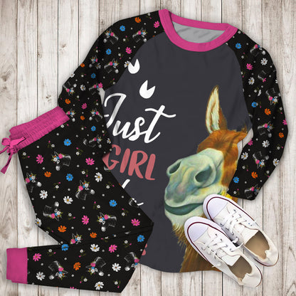Just A Girl Who Loves Donkey Pajama Set | Pajamas | Cotton Sleepwear Sets | Soft Long Sleeve Pjs | Raglan Shirt and Pants Set