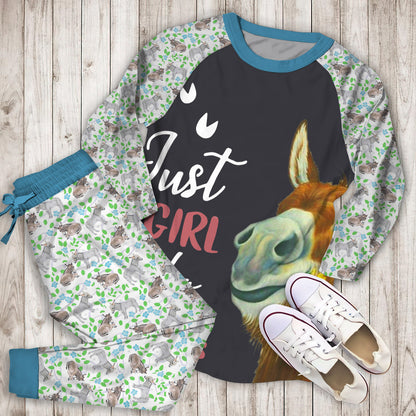 Just A Girl Who Loves Donkey Pajama Set | Pajamas | Cotton Sleepwear Sets | Soft Long Sleeve Pjs | Raglan Shirt and Pants Set