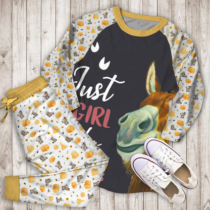 Just A Girl Who Loves Donkey Pajama Set | Pajamas | Cotton Sleepwear Sets | Soft Long Sleeve Pjs | Raglan Shirt and Pants Set