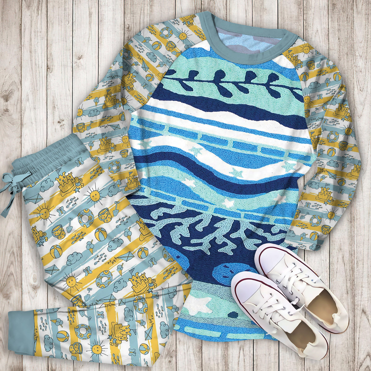 Coastal Pajama Set | Pajamas | Cotton Sleepwear Sets | Soft Long Sleeve Pjs | Raglan Shirt and Pants Set