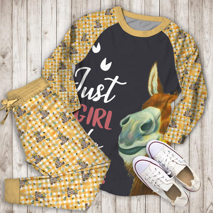 Just A Girl Who Loves Donkey Pajama Set | Pajamas | Cotton Sleepwear Sets | Soft Long Sleeve Pjs | Raglan Shirt and Pants Set