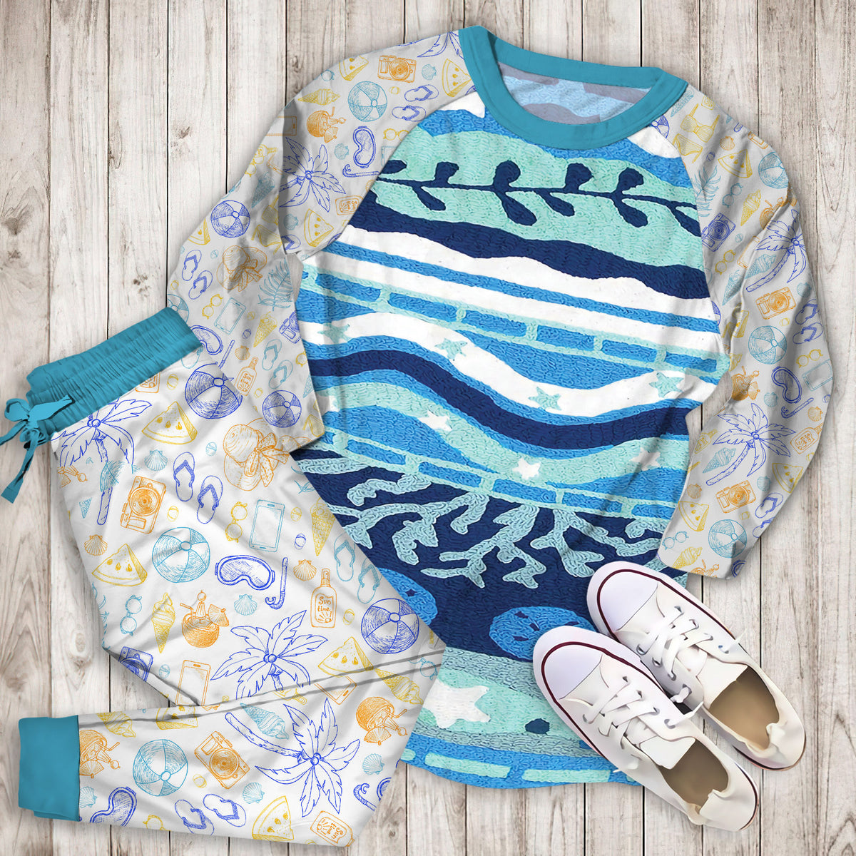 Coastal Pajama Set | Pajamas | Cotton Sleepwear Sets | Soft Long Sleeve Pjs | Raglan Shirt and Pants Set
