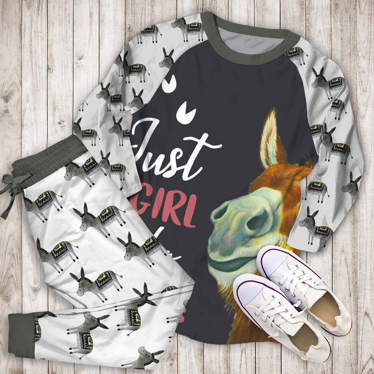 Just A Girl Who Loves Donkey Pajama Set | Pajamas | Cotton Sleepwear Sets | Soft Long Sleeve Pjs | Raglan Shirt and Pants Set
