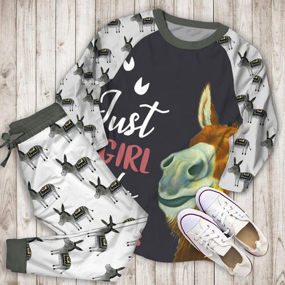 Just A Girl Who Loves Donkey Pajama Set | Pajamas | Cotton Sleepwear Sets | Soft Long Sleeve Pjs | Raglan Shirt and Pants Set