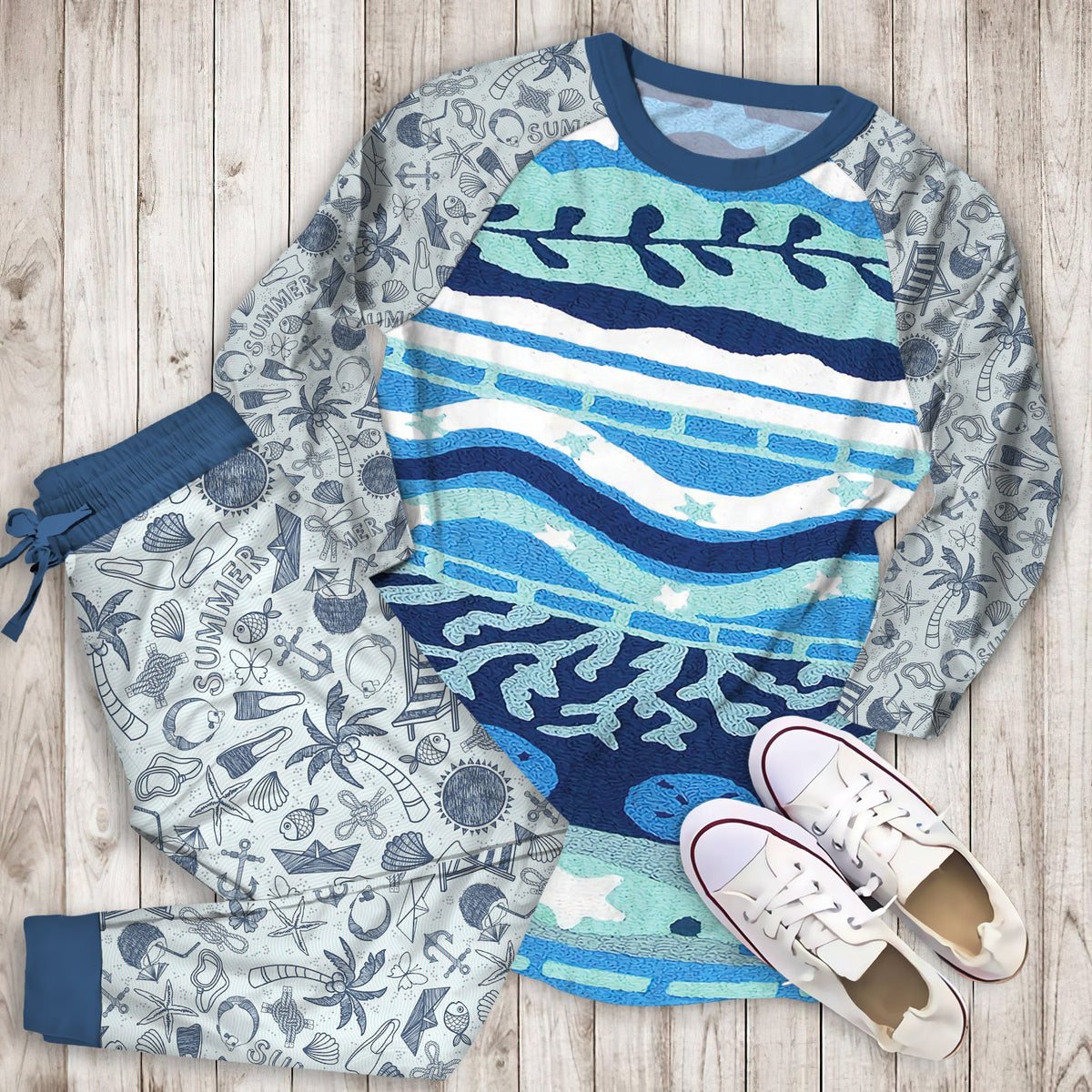 Coastal Pajama Set | Pajamas | Cotton Sleepwear Sets | Soft Long Sleeve Pjs | Raglan Shirt and Pants Set