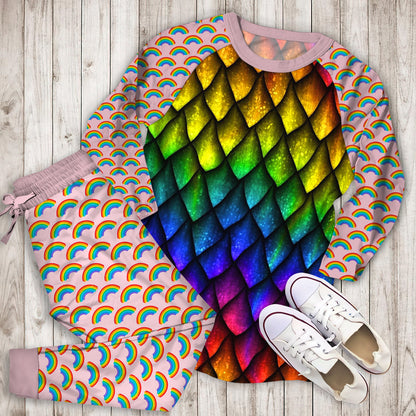 Rainbow Dragon Scales Pajama Set |Sleepwear Pjs Sets | Raglan Shirt Pants Set