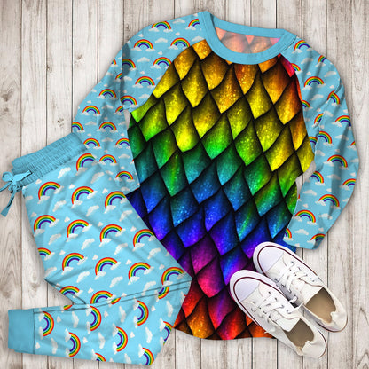 Rainbow Dragon Scales Pajama Set |Sleepwear Pjs Sets | Raglan Shirt Pants Set