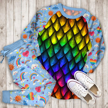 Rainbow Dragon Scales Pajama Set |Sleepwear Pjs Sets | Raglan Shirt Pants Set