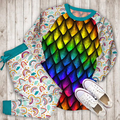 Rainbow Dragon Scales Pajama Set |Sleepwear Pjs Sets | Raglan Shirt Pants Set