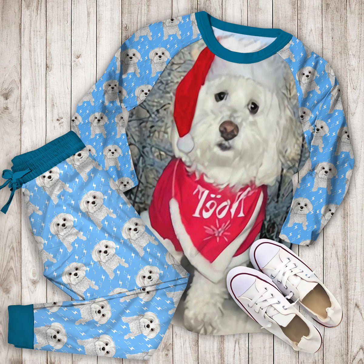 Bichon Frise Christmas Pajama Set |Sleepwear Pjs Sets | Raglan Shirt Pants Set