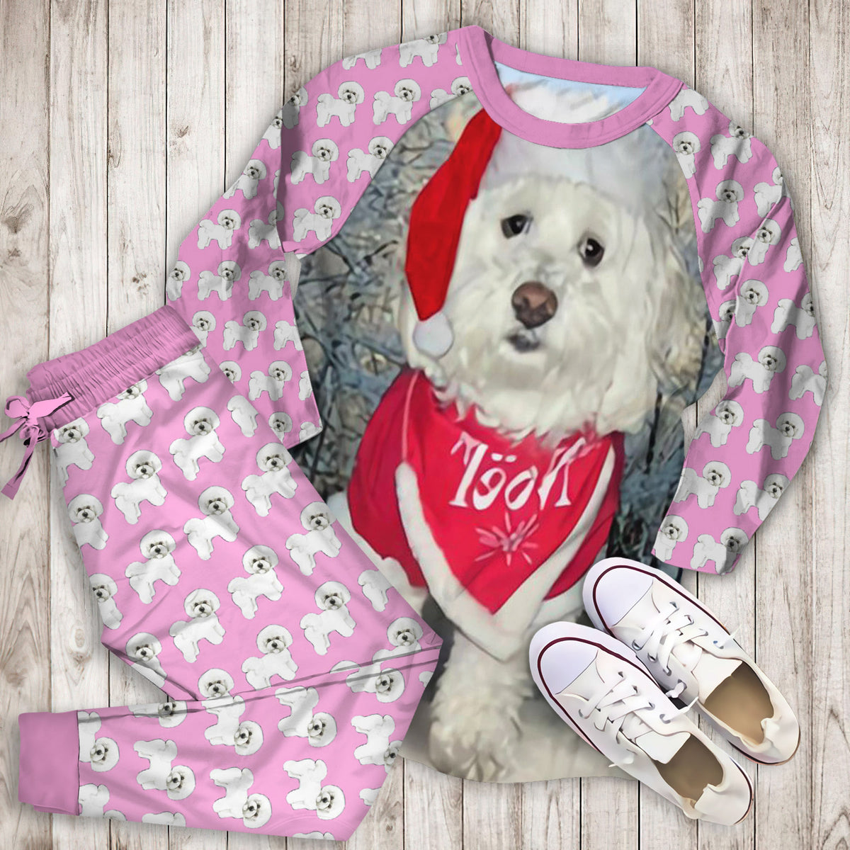Bichon Frise Christmas Pajama Set |Sleepwear Pjs Sets | Raglan Shirt Pants Set