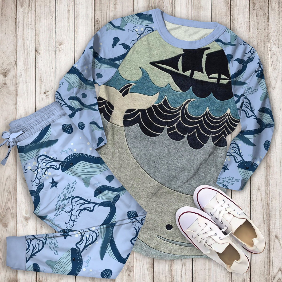 Whales Pajama Set |Sleepwear Pjs Sets | Raglan Shirt Pants Set