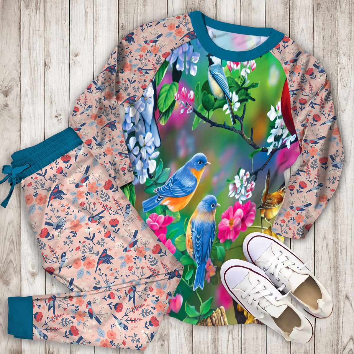 Birds Family Pajama Set | Pajamas | Cotton Sleepwear Sets | Soft Long Sleeve Pjs | Raglan Shirt and Pants Set