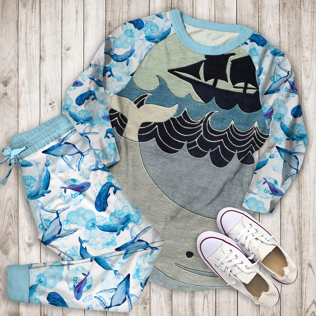 Whales Pajama Set |Sleepwear Pjs Sets | Raglan Shirt Pants Set