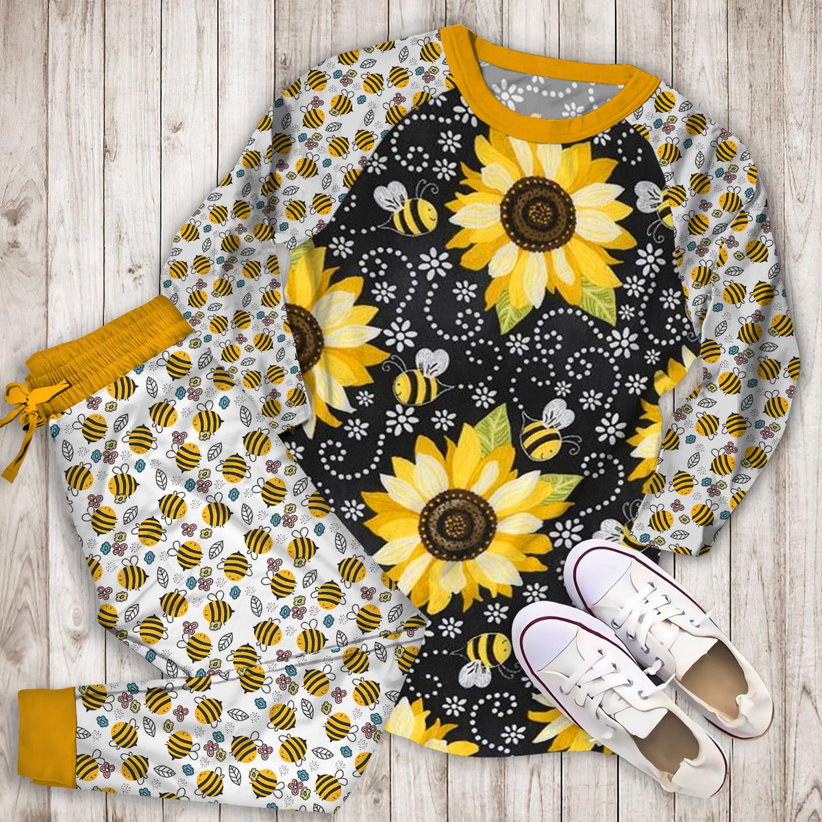 Bee And Sunflower Pajama Set |Sleepwear Pjs Sets | Raglan Shirt Pants Set