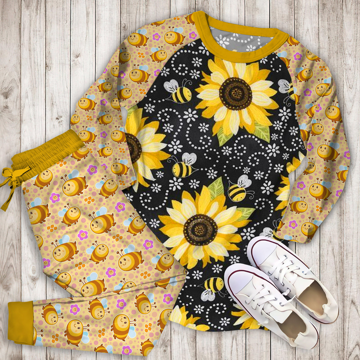 Bee And Sunflower Pajama Set |Sleepwear Pjs Sets | Raglan Shirt Pants Set