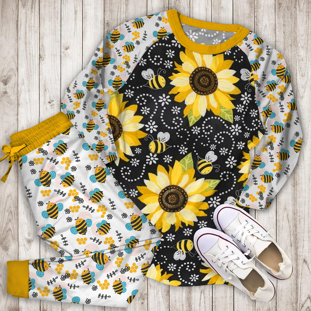 Bee And Sunflower Pajama Set |Sleepwear Pjs Sets | Raglan Shirt Pants Set