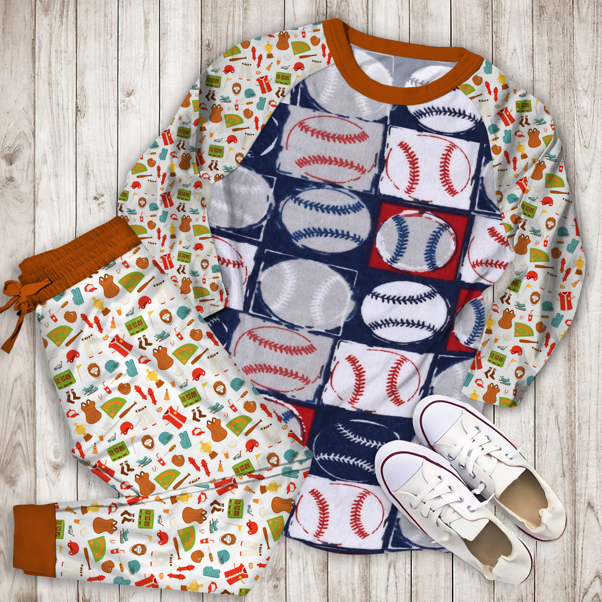 Baseball Pajama Set | Pajamas | Cotton Sleepwear Sets | Soft Long Sleeve Pjs | Raglan Shirt and Pants Set