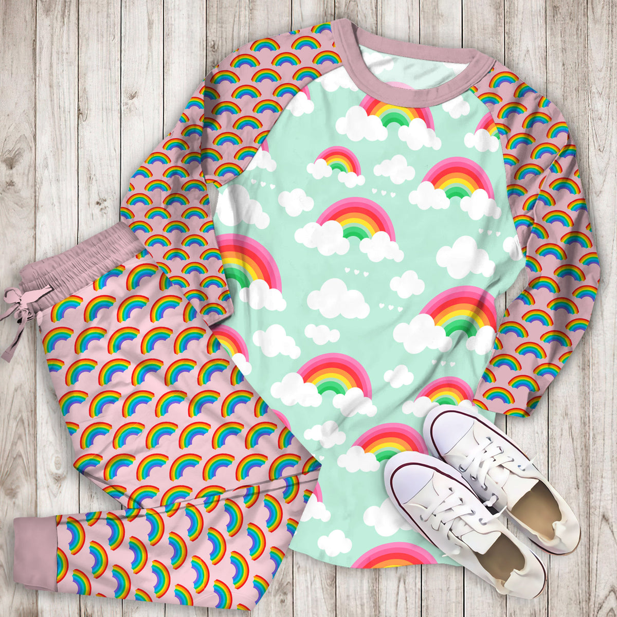 Organic Rainbow Skies Pajama Set |Sleepwear Pjs Sets | Raglan Shirt Pants Set