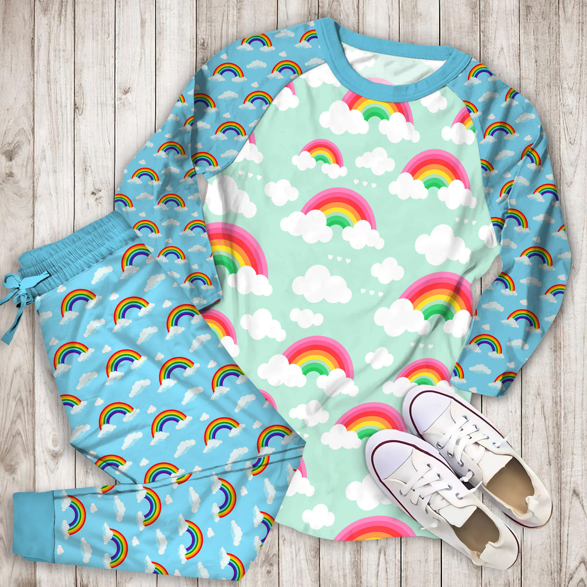 Organic Rainbow Skies Pajama Set |Sleepwear Pjs Sets | Raglan Shirt Pants Set