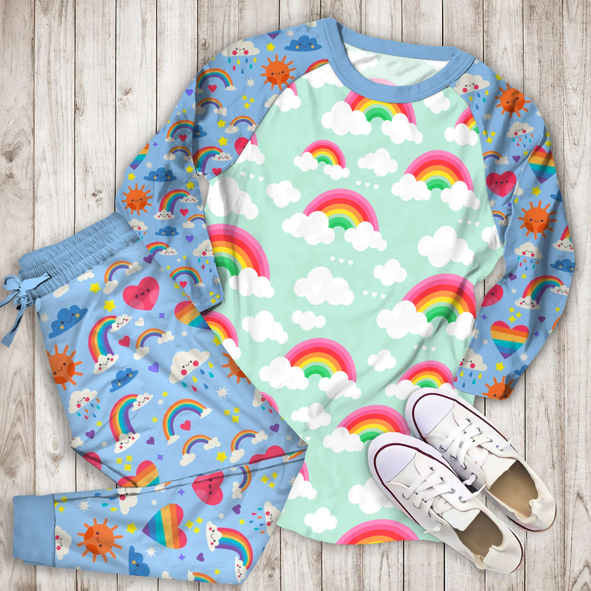 Organic Rainbow Skies Pajama Set |Sleepwear Pjs Sets | Raglan Shirt Pants Set