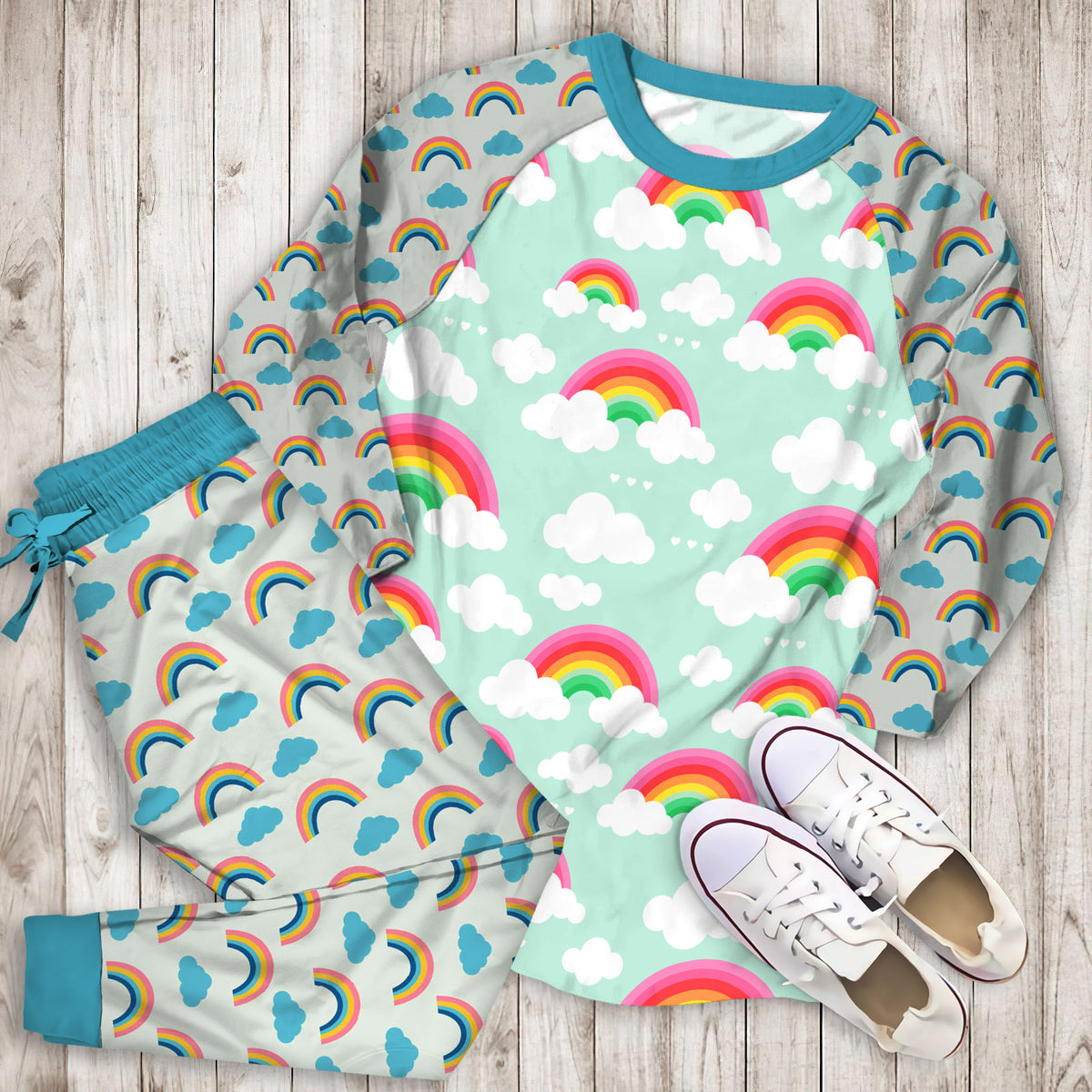 Organic Rainbow Skies Pajama Set |Sleepwear Pjs Sets | Raglan Shirt Pants Set