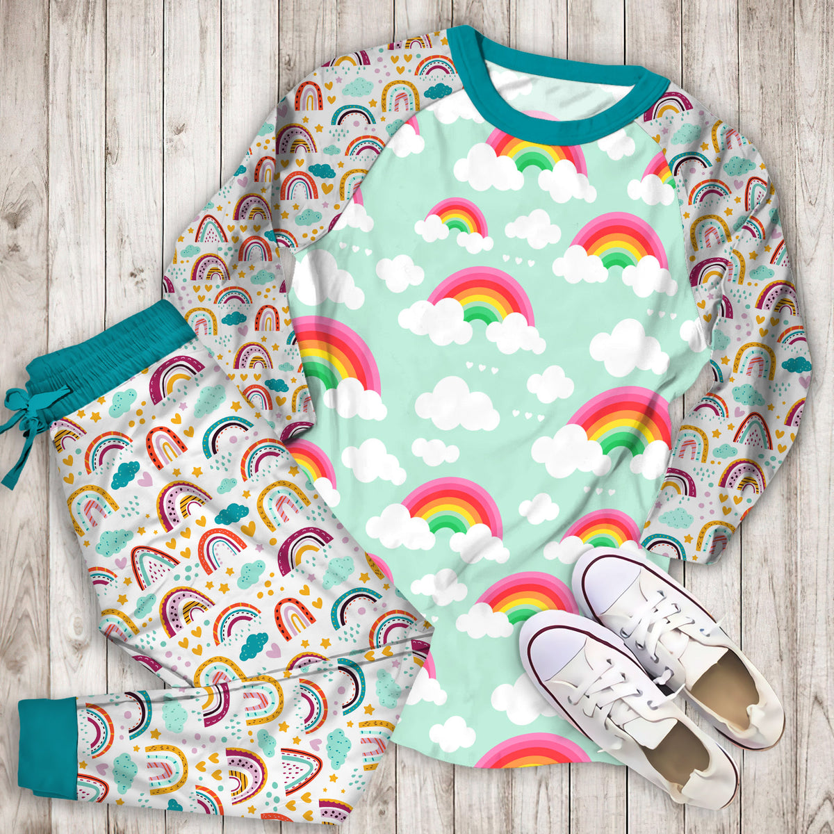 Organic Rainbow Skies Pajama Set |Sleepwear Pjs Sets | Raglan Shirt Pants Set