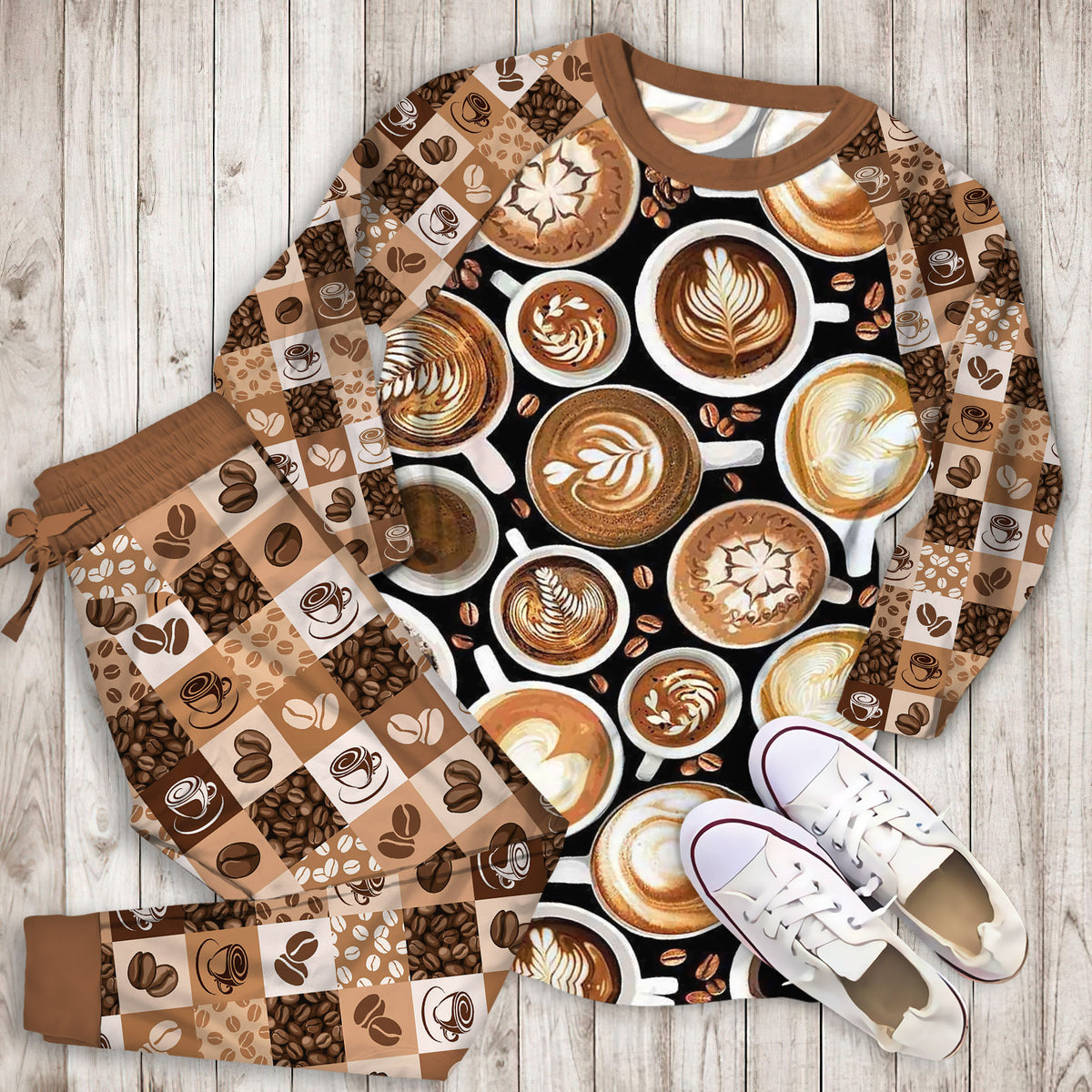 Coffee Pajama Set | Pajamas | Cotton Sleepwear Sets | Soft Long Sleeve Pjs | Raglan Shirt and Pants Set