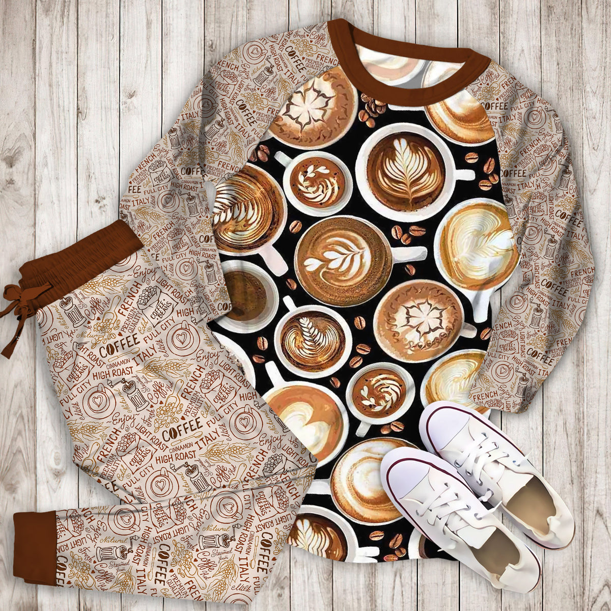 Coffee Pajama Set | Pajamas | Cotton Sleepwear Sets | Soft Long Sleeve Pjs | Raglan Shirt and Pants Set