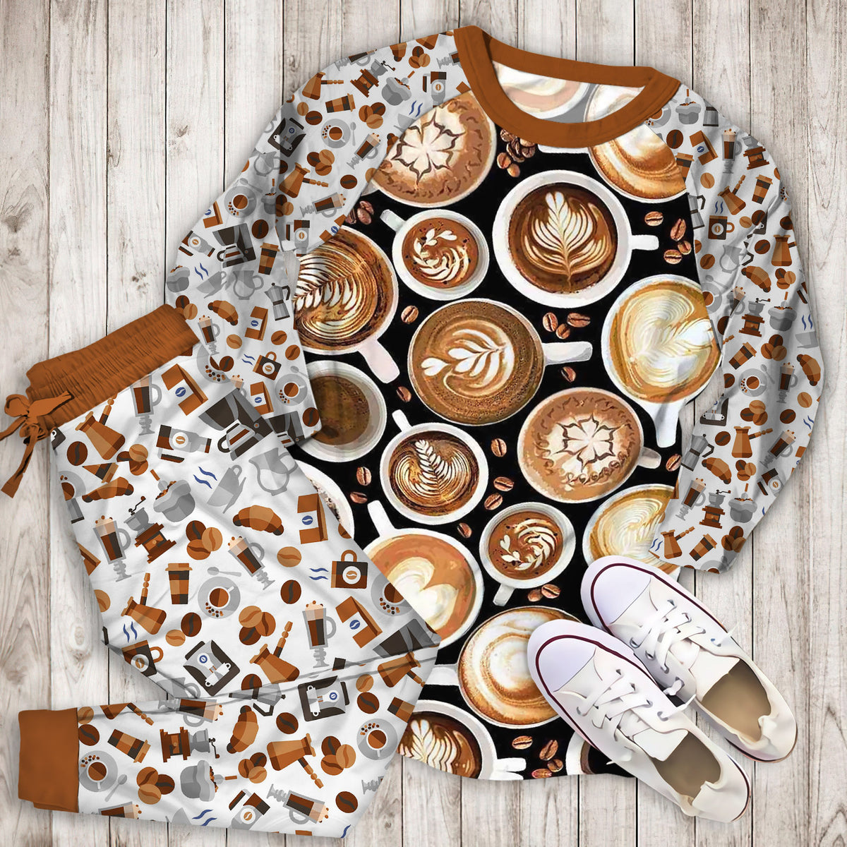 Coffee Pajama Set | Pajamas | Cotton Sleepwear Sets | Soft Long Sleeve Pjs | Raglan Shirt and Pants Set