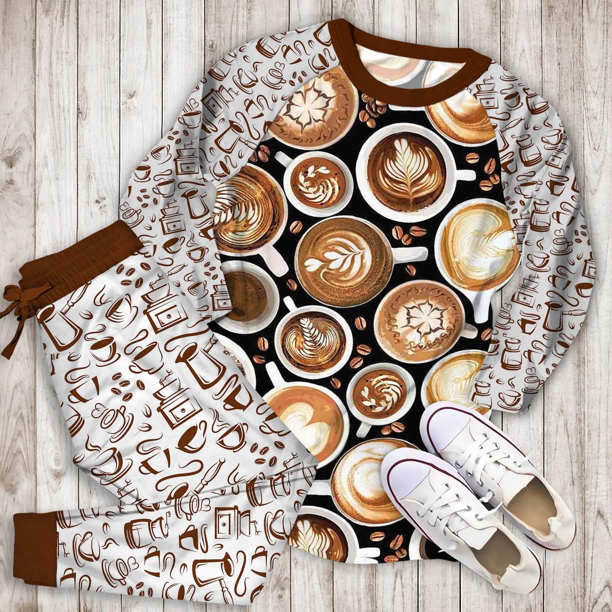 Coffee Pajama Set | Pajamas | Cotton Sleepwear Sets | Soft Long Sleeve Pjs | Raglan Shirt and Pants Set
