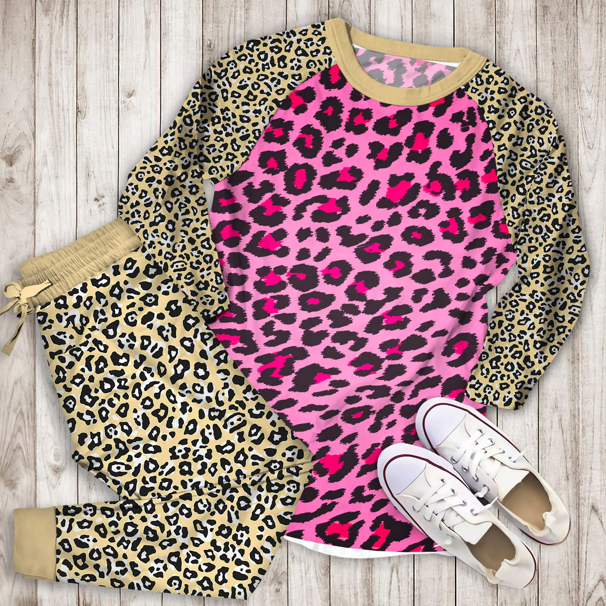 Cheetah Pink Pattern Pajama Set |Sleepwear Pjs Sets | Raglan Shirt Pants Set