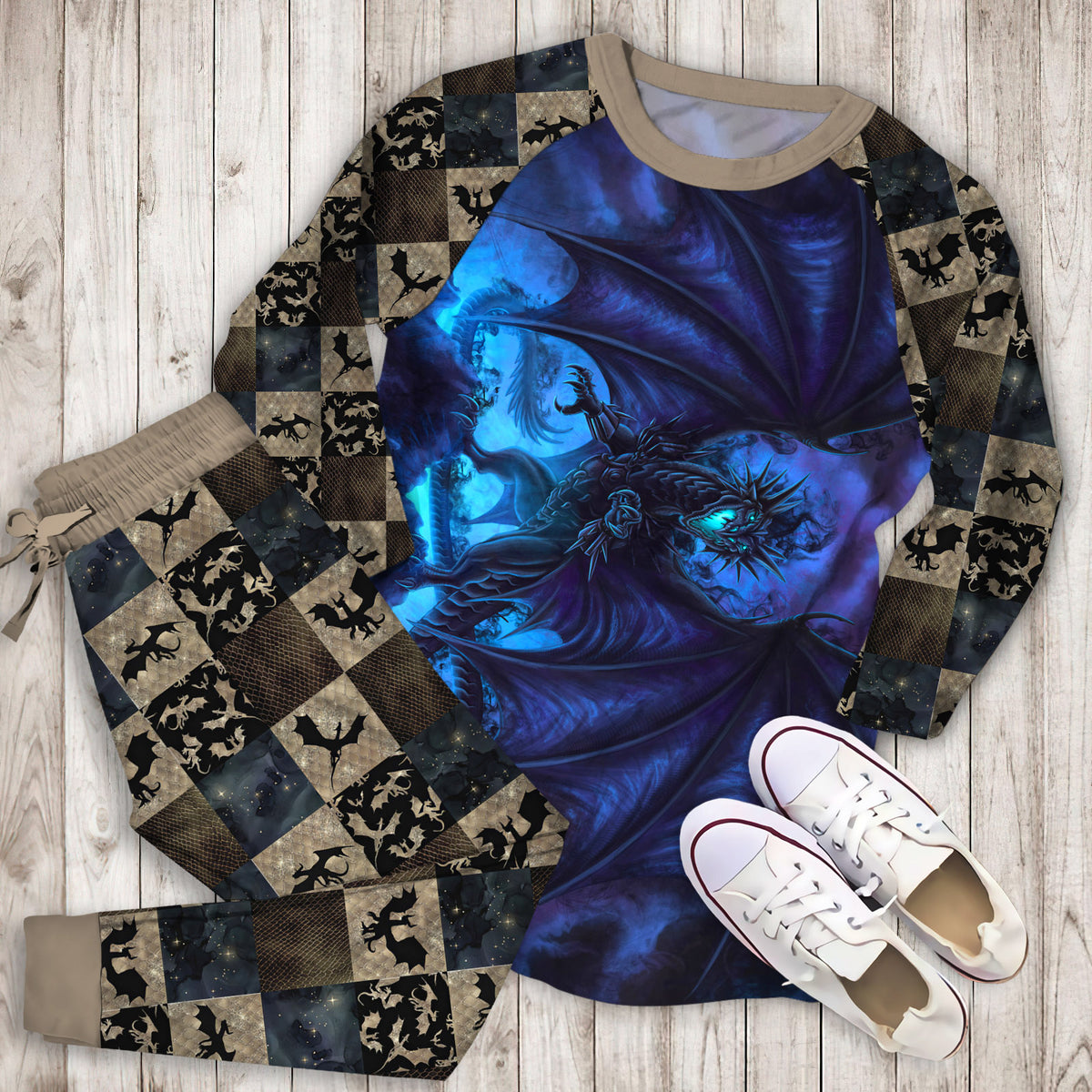 Dark Blue Dragon Pajama Set |Sleepwear Pjs Sets | Raglan Shirt Pants Set