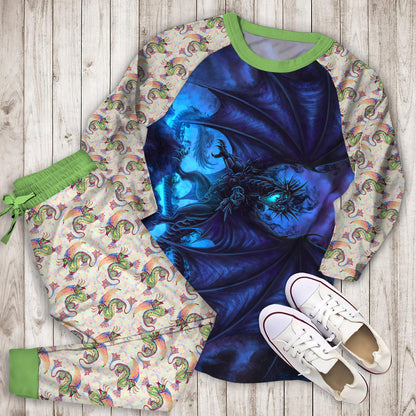 Dark Blue Dragon Pajama Set |Sleepwear Pjs Sets | Raglan Shirt Pants Set